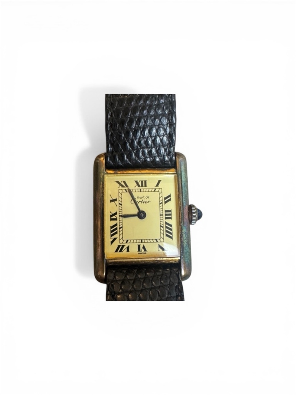 Must de Cartier Tank Vermeil 925 Gold Plated Swiss Watch Black Leather Strap